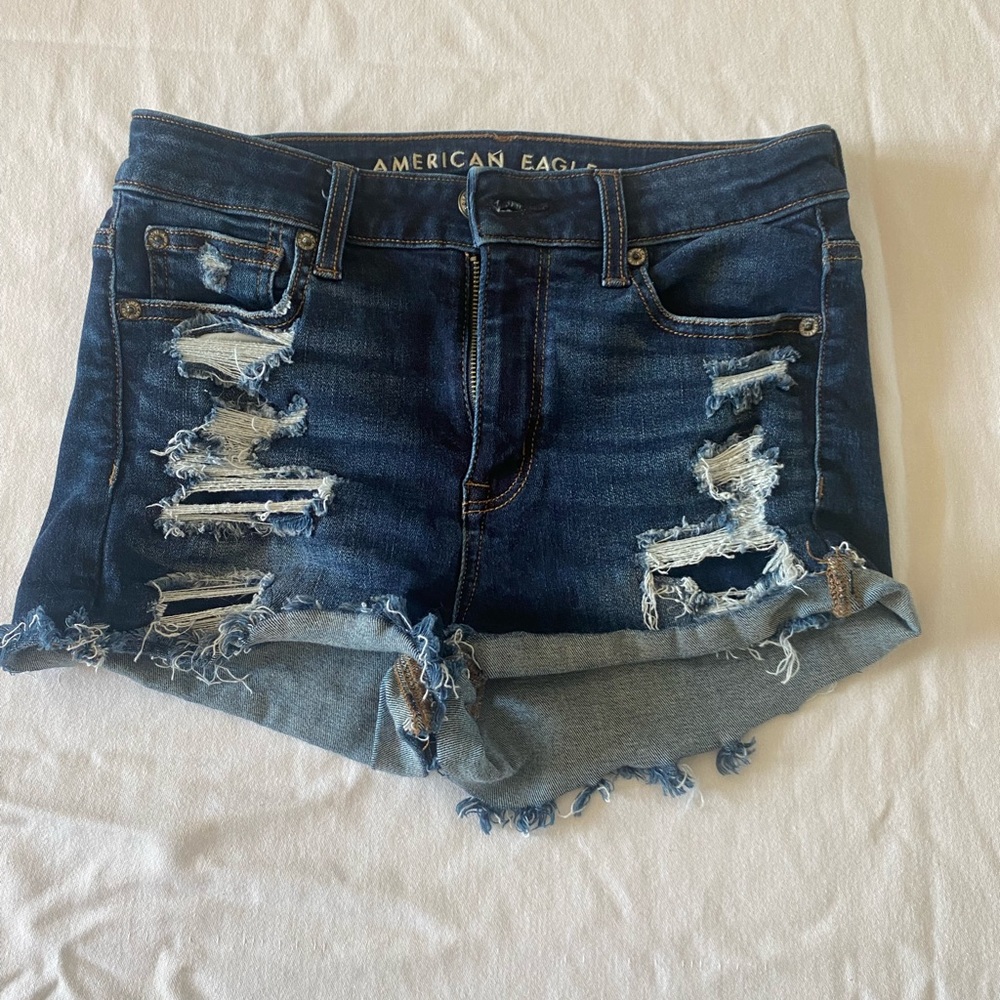 american eagle blue distressed shorts